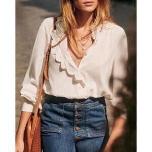 Sezane White Button Down Shirt with Lace Trim